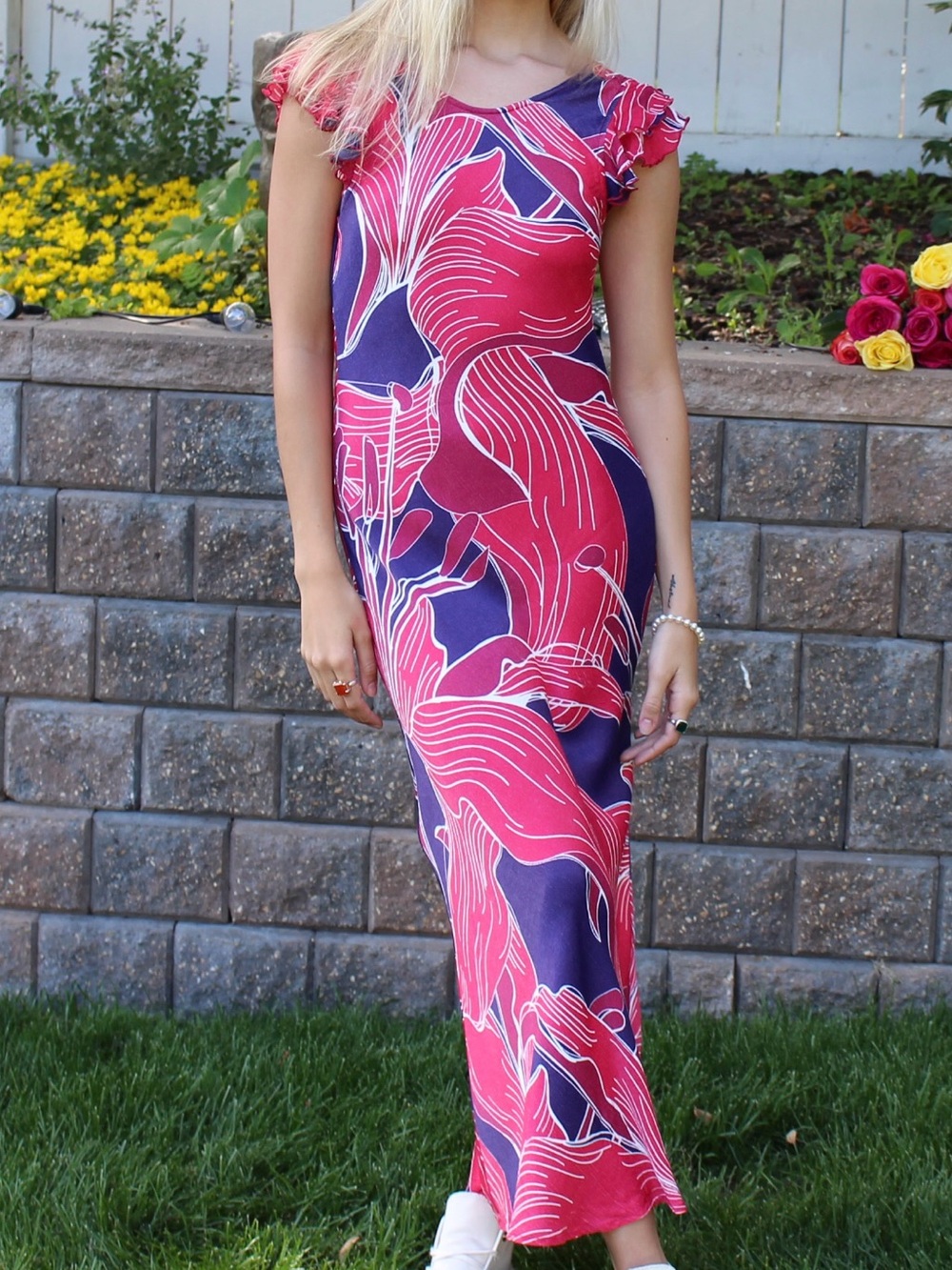 Women's Pink and Navy Floral Maxi Dress